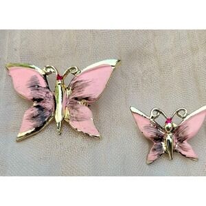 Vintage Pink‎ Butterfly Brooch Set Gold Tone MCM Insect Scatter Pin Duo